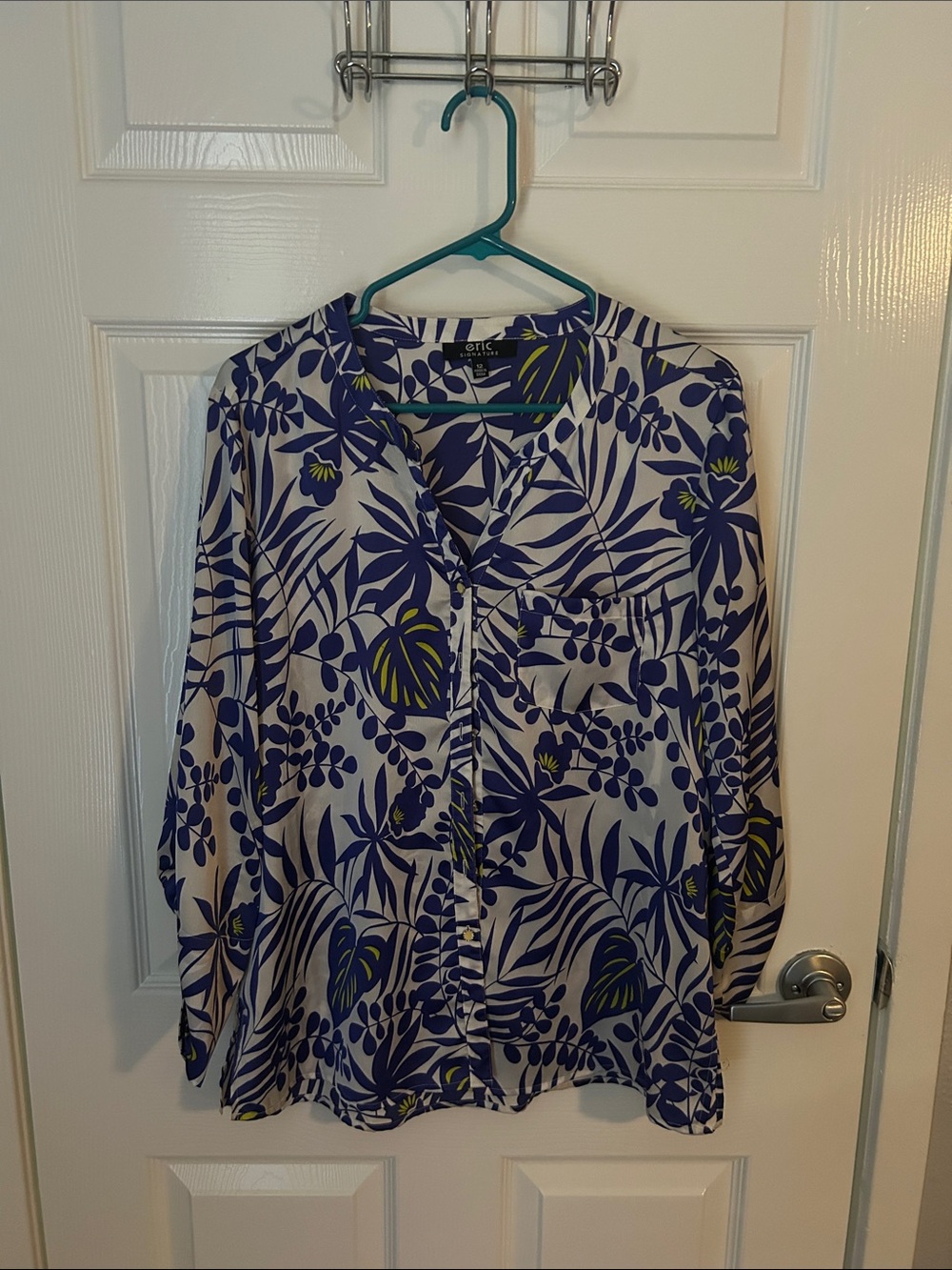 Chico's White Button-Front Blouse with Blue and Yellow Tropical Print